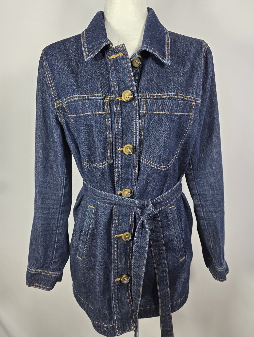 Cabi Belted Denim Jacket Utility Coat Long Jean Jacket Medium